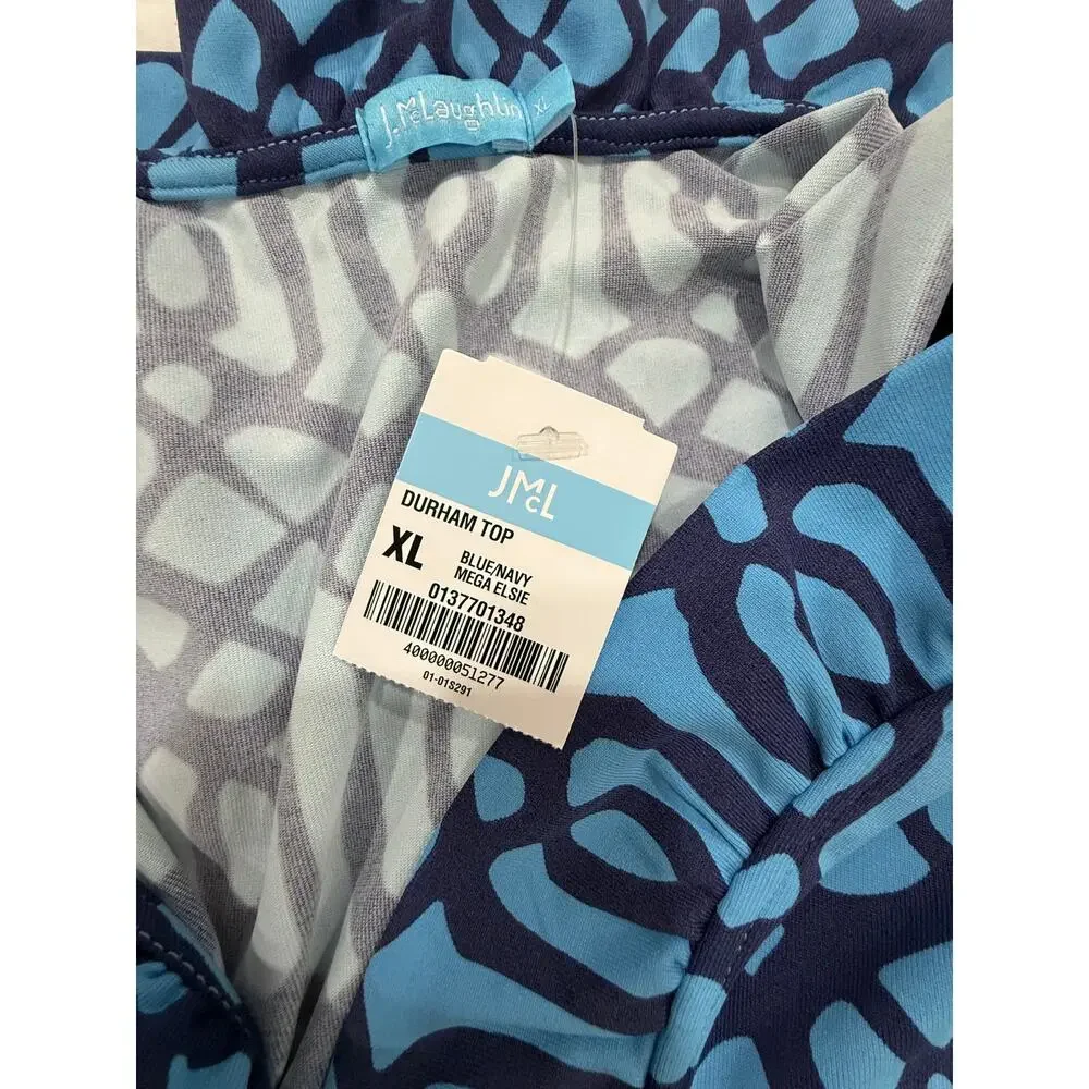 J McLaughlin Catalina Cloth Durham Top XL Blue Geometric Ruffle NWT